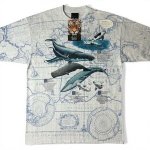 Vintage 90s Habitat Whale All Over Print XL Single Stitch Deadstock Nautical Map